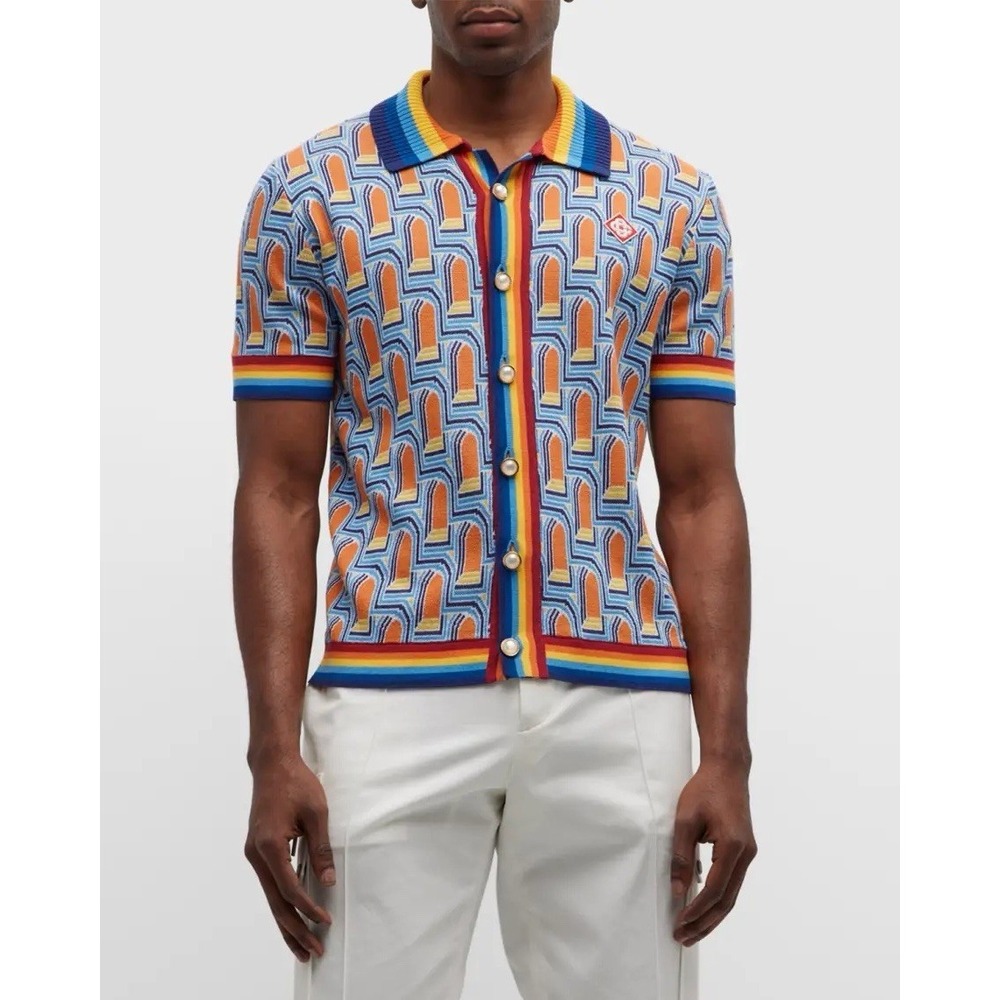 Casablanca Tennis Club Men's L'arche de Nuit Cuban Collar Shirt Rainbow Knit
